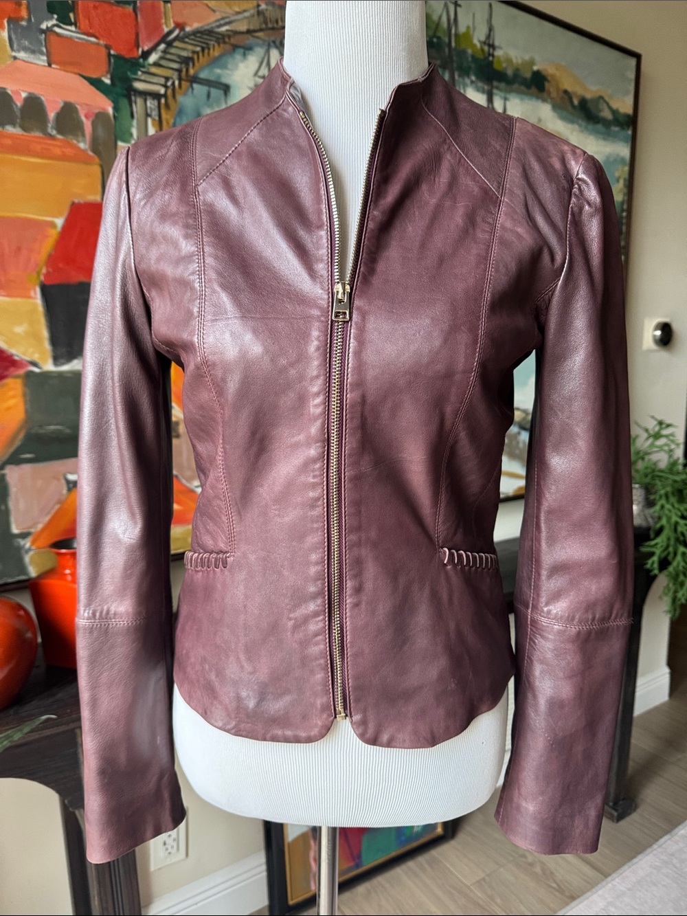 Tailored with Distressed style Women's Leather Zip Jacket in Plum
